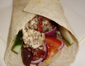 Greek Salad wraps with Marinated Buffalo-Style Tofu Mozzarella and Hummus (gfo, nf)