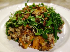Warm Buckwheat &  Lentil Salad with Pumpkin & Broccolini, Roasted Garlic Tahini Dressing and Spicy Roasted Pumpkin Seeds (gf, sf, nf)